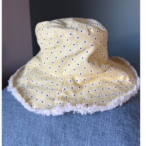 Anthropologie? Yellow Daisy Floral Bucket Hat 100% Cotton Frayed Brim Sun Hat